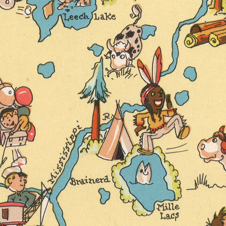 Mappa Pittorica del Minnesota di Ruth Taylor White, 1935: Minneapolis, Saint Paul, Duluth, Terra dei 10.000 Laghi, Industria del Legname 