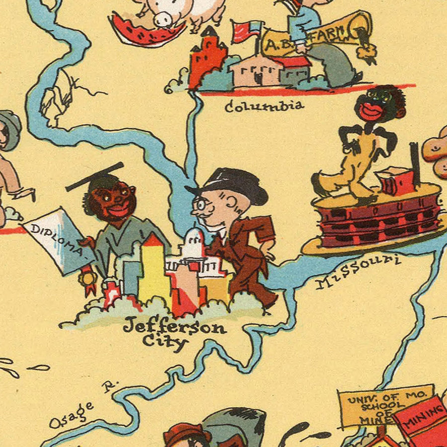 Mappa Pittorica del Missouri di Ruth Taylor White, 1935: St. Louis, Kansas City, Ozarks, fiumi Mississippi e Missouri, Jefferson City 