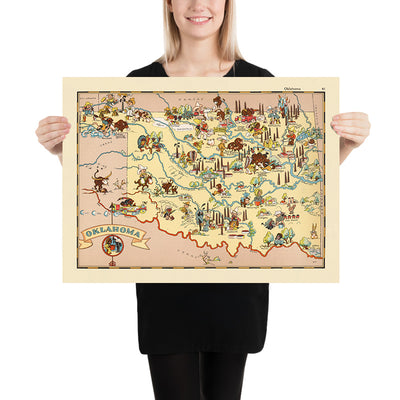 Pictorial Map of Oklahoma by Ruth Taylor White, 1935: Oklahoma City, Tulsa, Oil Fields, Native American Motifs, Dust Bowl Era