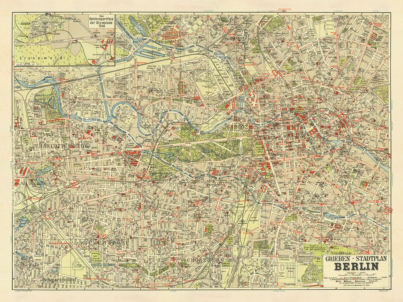 Alter Stadtplan von Stilke, 1936: Olympiastadion, Grunewald, Tiergarten, Kurfürstendamm, Unter den Linden.