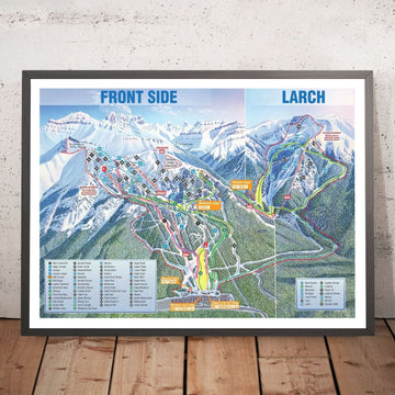 A framed image of Lake Louise, Canada in the style of a simple and modern golf course map