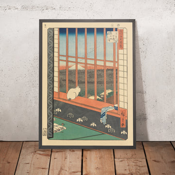 Ein gerahmtes Bild von Cat on Windowsill (Watching the Festival) von Utagawa Hiroshige, 1857