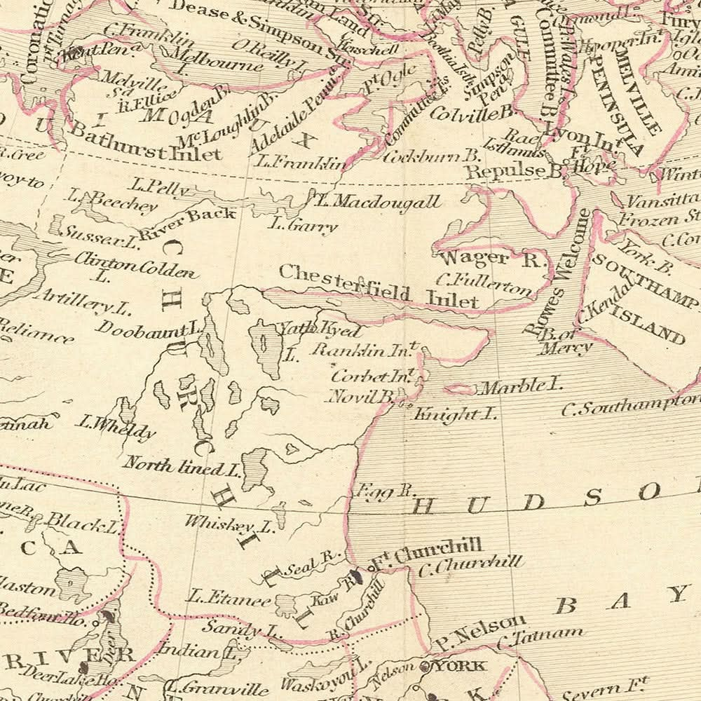 Mapa antiguo de Canadá de Tallis, 1851: Montreal, condado de la bahía de Hudson, estrecho de Fury y Hecla, viñetas, decoración