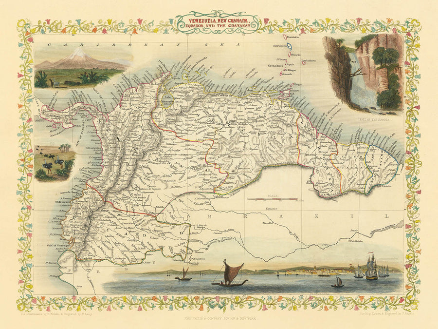 Antica mappa del Nord America del Sud di Tallis, 1851: Venezuela, Colombia, Ecuador, Guayana, Panama 