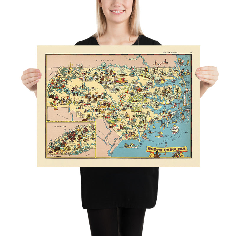 Mappa Pittorica Antica della Carolina del Nord di Ruth Taylor White, 1935: Charlotte, Raleigh, Monti Appalachi, Outer Banks, Fabbriche Tessili 