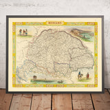 Alte Karte von Ungarn von Tallis, 1851: Budapest, Donau, Karpaten, Adelige, Bauern 