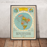 Mapa del mundo de grandes círculos de aerolíneas antiguas por Hammond, 1938: Póster de proyección polar "Era del aire" 