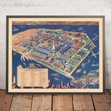 Antiguo mapa de Treasure Island y la Exposición Internacional Golden Gate, 1939: Tower of the Sun, Court of the Seven Seas, California Building, Bay Bridge, San Francisco 