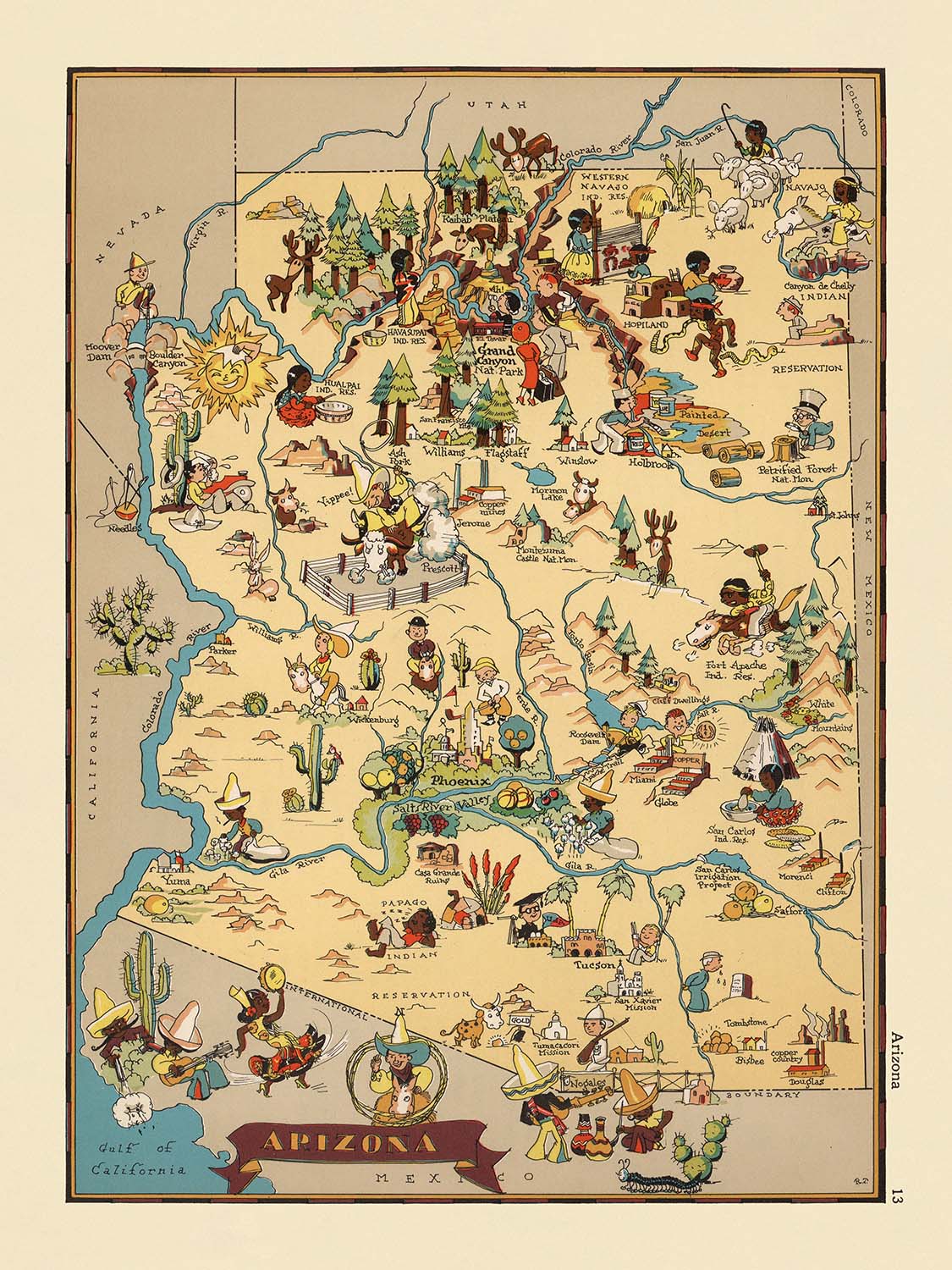 Pictorial Map of Arizona by Ruth Taylor White, 1935: Grand Canyon, Phoenix, Tucson, Painted Desert, Petrified Forest