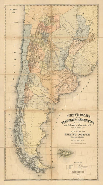 Large Old Map of Argentina by Nolte, 1876: Andes, Buenos Aires, Railroads, Rio de la Plata