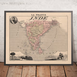Mapa antiguo de "India Francesa" de Vuillemin, 1869: enclaves franceses, Pondicherry, Chandannagar, Mahé, Bahía de Bengala 