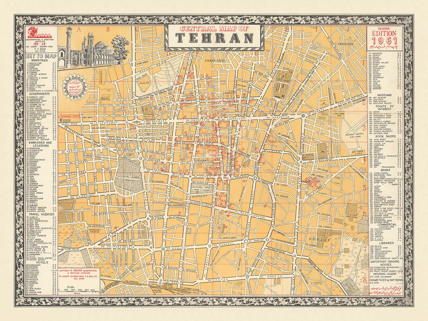 Old Street Map of Tehran by Sahab, 1961: Mosques, Tehran University, Embassies, Park-e-Shahr, Major Avenues