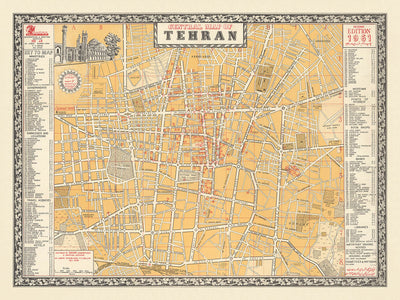 Old Street Map of Tehran by Sahab, 1961: Mosques, Tehran University, Embassies, Park-e-Shahr, Major Avenues
