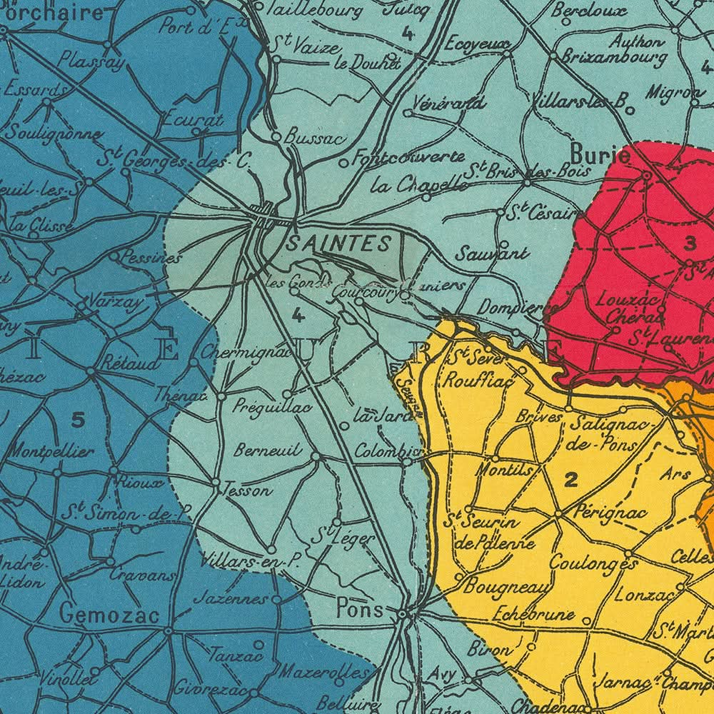 Old Wine Map of Cognac by Bidoit, 1938: Bordeaux, La Rochelle, Cru Classifications, Railways