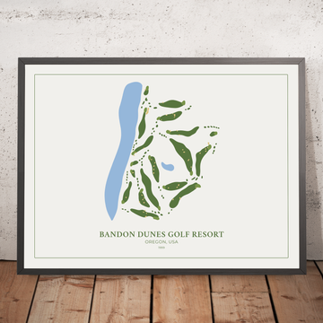 A framed image of Bandon Dunes Golf Resort in the style of a simple and modern golf course map