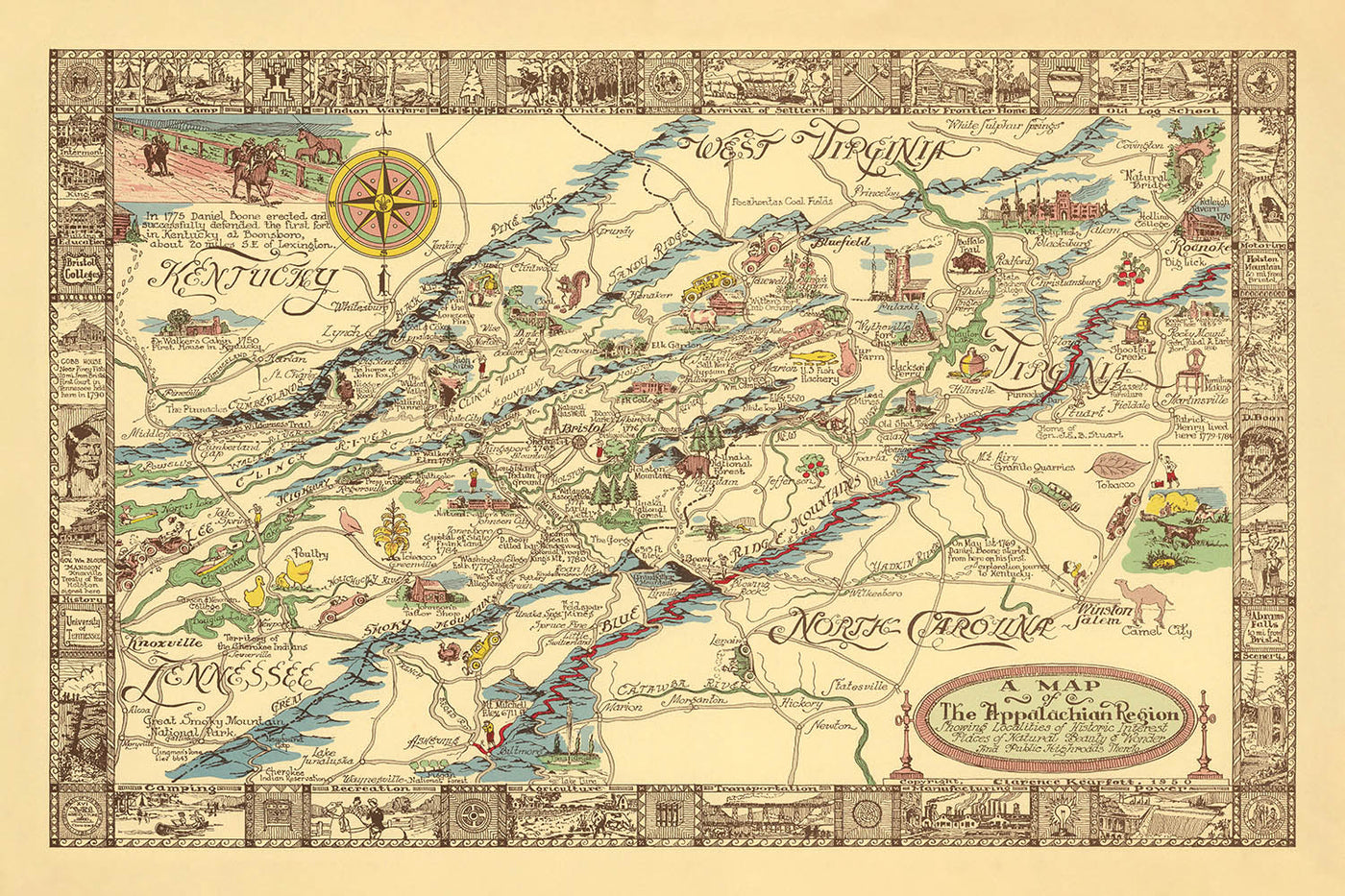 Old Map of the Appalachian Region by Kearfott, 1950: Appalachian Trail, Cumberland Gap, Great Smoky Mountains, Winston Salem