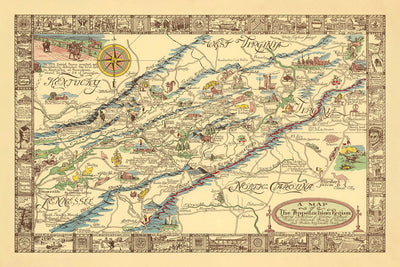 Old Map of the Appalachian Region by Kearfott, 1950: Appalachian Trail, Cumberland Gap, Great Smoky Mountains, Winston Salem