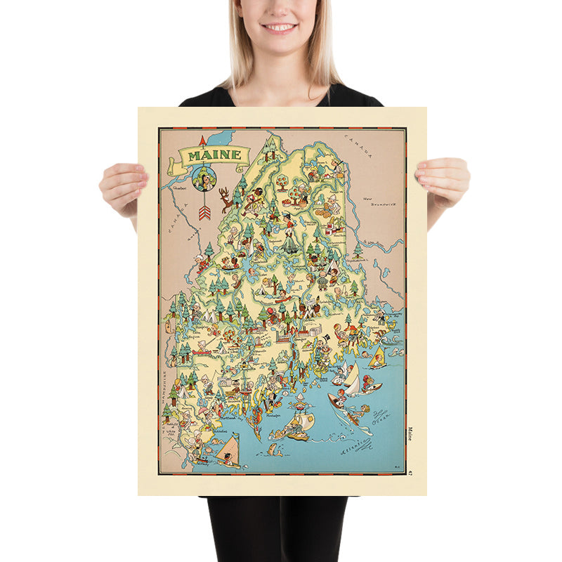 Mappa Pittorica del Maine di Ruth Taylor White, 1935: Portland, Bangor, Legname, Pesca di Aragoste, Katahdin 