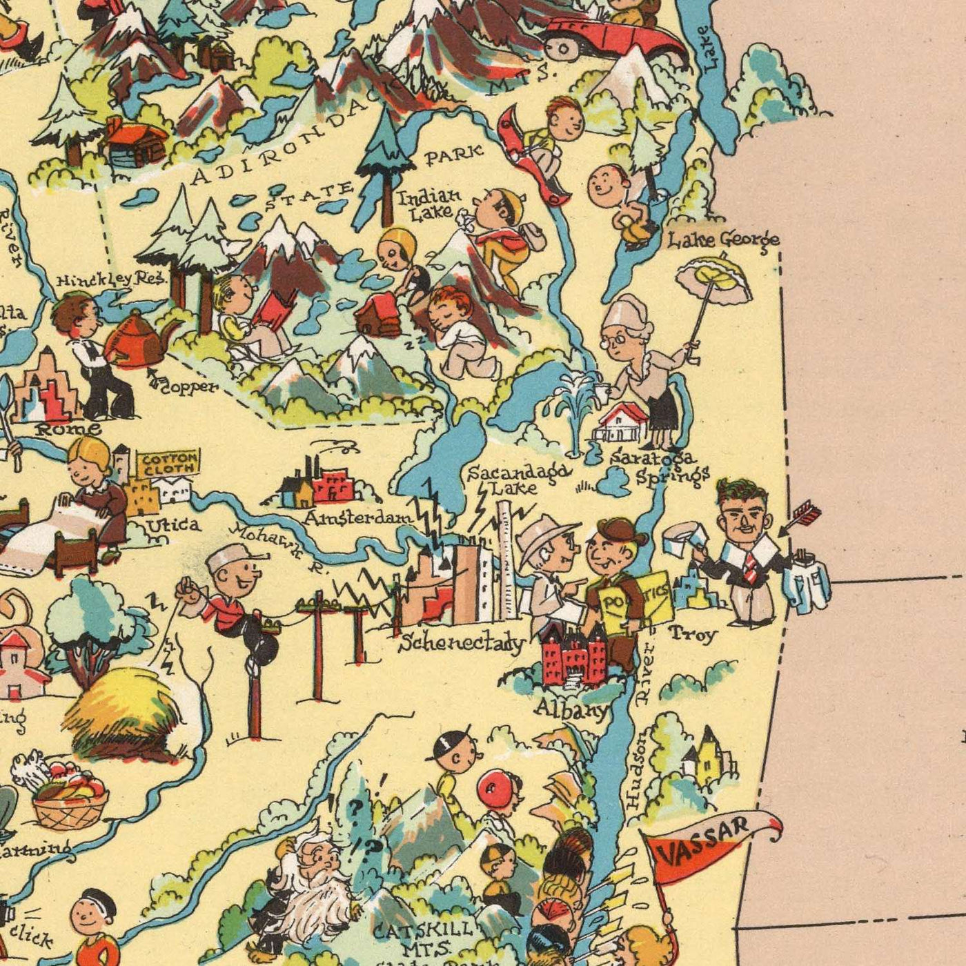 Pictorial Map of New York by Ruth Taylor White, 1935: NYC, Niagara Falls, Adirondacks, Erie Canal, Hudson River