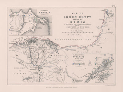 Old Military Map of Napoleon’s Battles in Egypt & Syria, 1801: Aboukir, Pyramids, Cairo, Suez, Nile