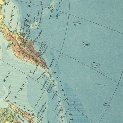 Mapa antiguo de Asia de Schrader, 1931: relieve vívido, meridiano de París, perspectiva histórica