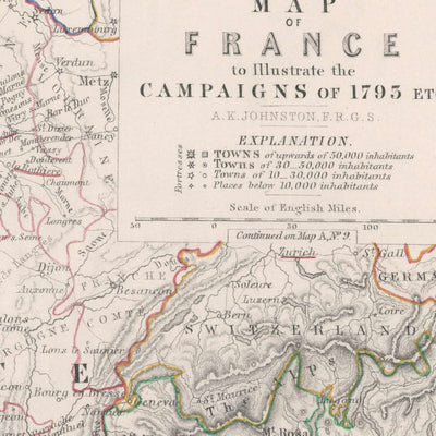 Ancienne carte militaire des campagnes de la Révolution française par Johnston, 1793 : Paris, Lyon, Marseille, batailles, itinéraires