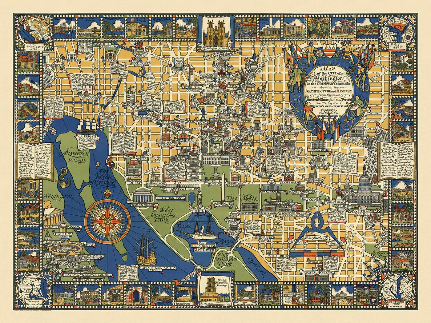 Mapa ilustrado antiguo de Washington DC realizado por Olsen, 1926: Casa Blanca, Capitolio, Monumento a Lincoln, Georgetown, The Mall