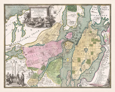 Alte Karte von Stockholm von Homann, 1720: Königlicher Palast, Riddarholmen, Mälaren, Djurgården, Skeppsbron 