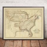 Old Zoomorphic Eagle Map of United States by Churchman, 1833: Great Lakes, Mississippi R., Florida, New York City, Texas