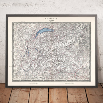 Old Topographic Map of Savoy and Geneva by Woerl, 1850: Geneva, Chambéry, L. Geneva, Rhône, Isère