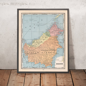 Ancienne carte coloniale de Bornéo par Cram, 1901 : Bornéo du Nord britannique, Sarawak, frontières néerlandaises, Kuching, Sandakan 