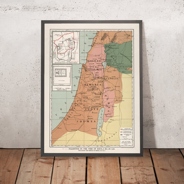 Mapa antiguo de Palestina en tiempos de Jesús, de Foster, 1912: recuadros de Jerusalén y del Templo de Herodes; Jordán–Mar Muerto; hachuras de relieve 