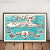Antica mappa pictoriale della Penisola di Long Beach, WA, di Mulvey, 1950: Ilwaco, Oysterville, Ocean Park, North Head, Baia di Willapa 