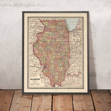 Alte County-Karte von Illinois von Cram, 1883: Chicago, Springfield, Lake Michigan, Mississippi, Illinois River 
