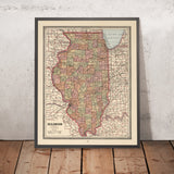 Alte County-Karte von Illinois von Cram, 1883: Chicago, Springfield, Lake Michigan, Mississippi, Illinois River 