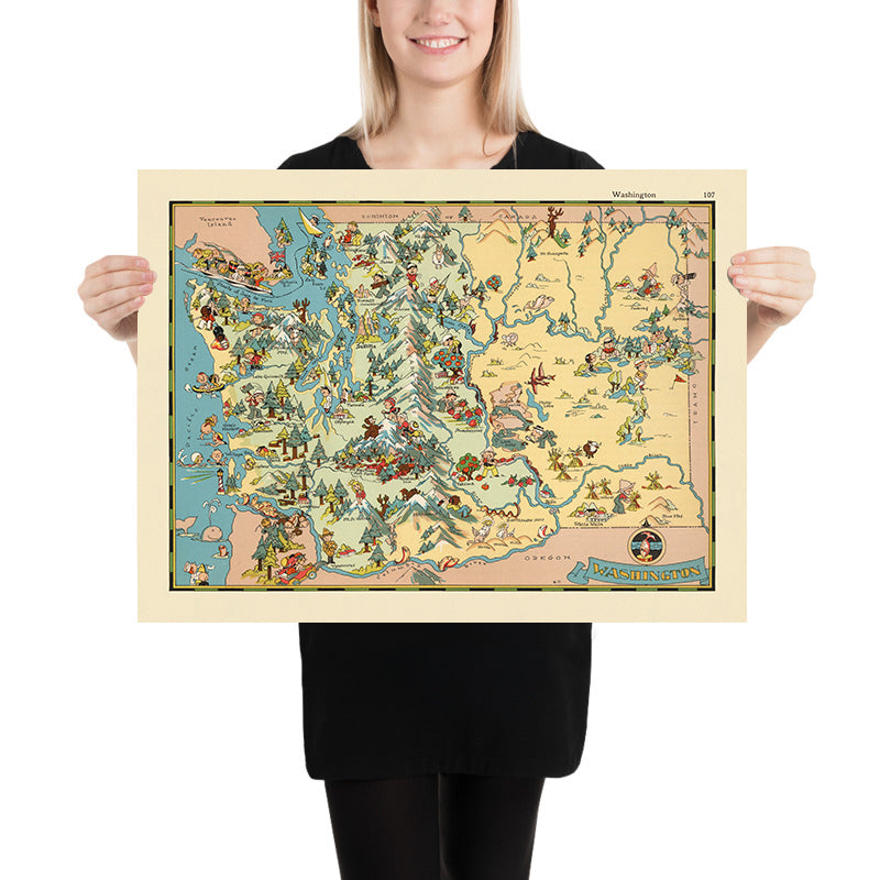 Mappa illustrata dello Stato di Washington di Ruth Taylor White, 1935: Seattle, Monte Rainier, Fiume Columbia, Monti Olimpici, Diga di Grand Coulee 