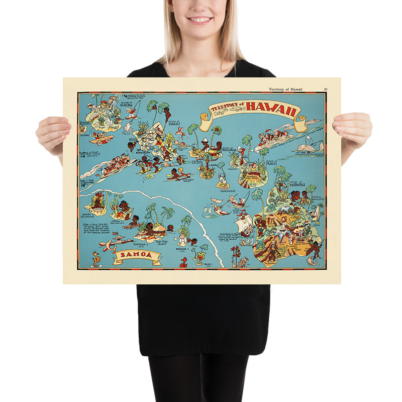 Pictorial Map of Hawaii by Ruth Taylor White, 1935: Honolulu, Hilo, Volcanoes, Plantations, Surfing