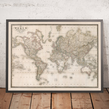 Antica mappa del mondo di Wyld, 1837: proiezione di Mercatore, griglia nautica 