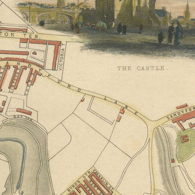 Old Map of Newcastle by Tallis, 1851: Railway Bridge, Central Station, Castle, Tyne River