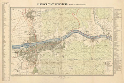 Alter Stadtplan von Heidelberg von Rübsamen, 1907: Schloss, Neckar, Neuenheim, Bergheim, Philosophenweg