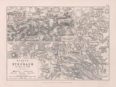 Bataille de Stockach par AK Johnston, 1799 Lithographie couleur ancienne