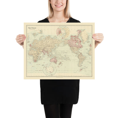 Old Mercator World Map of the British Empire by Stanford, 1894: Centred on the Pacific