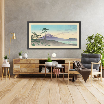 A framed image of View of Mt Fuji in the Evening at Miho by Hasui Kawase 1935