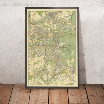 Grande mappa stradale antica di Boston di Walker, 1905: Boston Common, Harvard, fiume Charles, Back Bay 