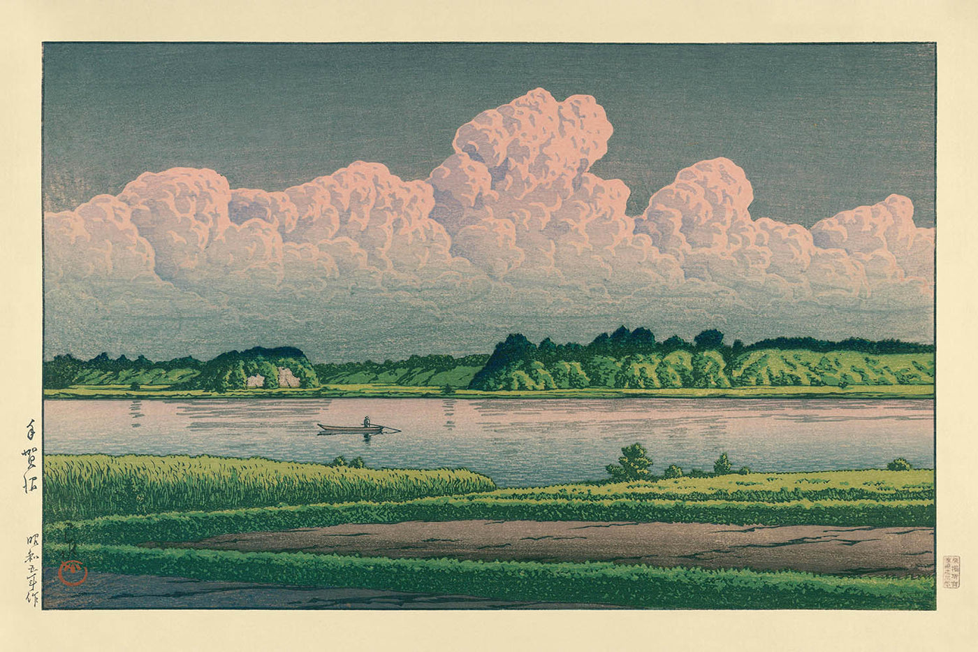 Clouds over Boat on the River by Hasui Kawase, 1935