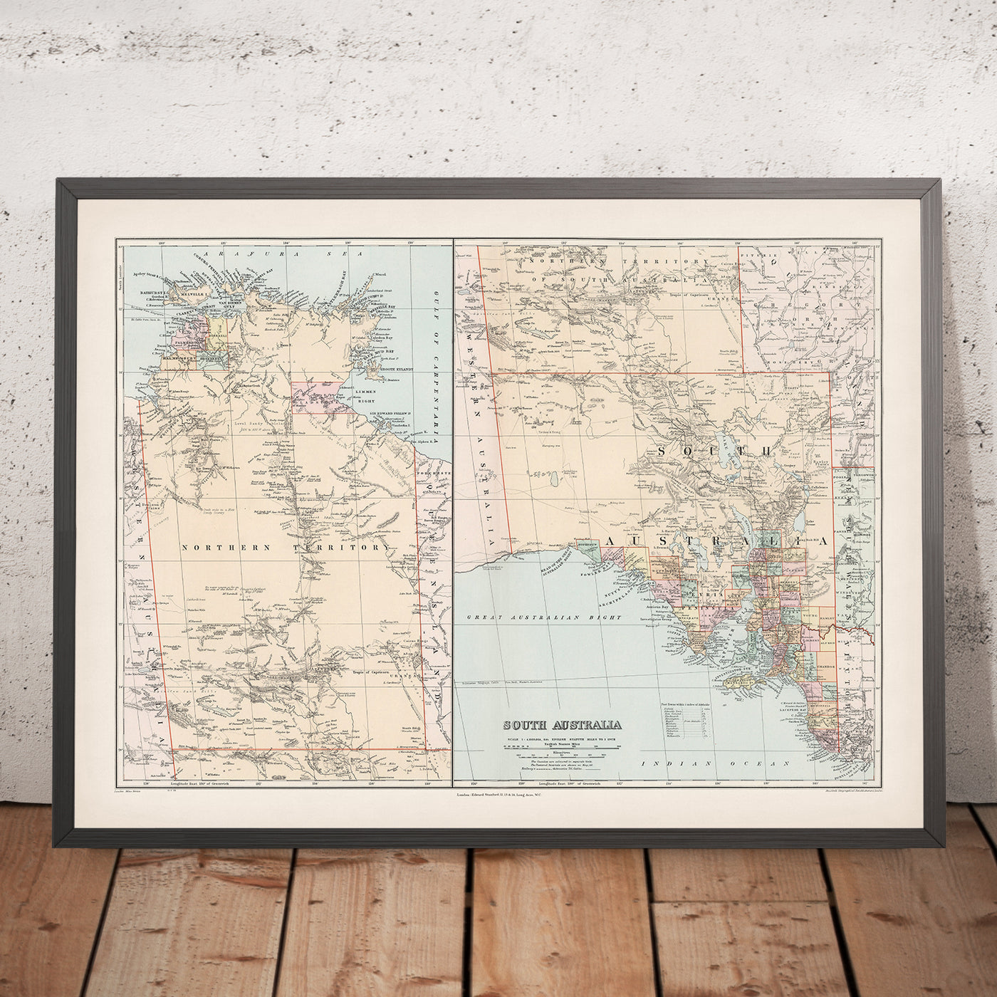Old County Map of South Australia by Stanford, 1904: Adelaide, Murray River, Lake Eyre, Flinders Ranges, Railways