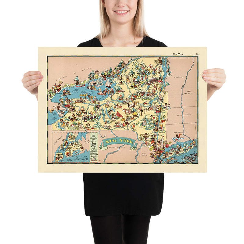 Mappa Pittorica di New York di Ruth Taylor White, 1935: NYC, Cascate del Niagara, Adirondacks, Canale Erie, Fiume Hudson 