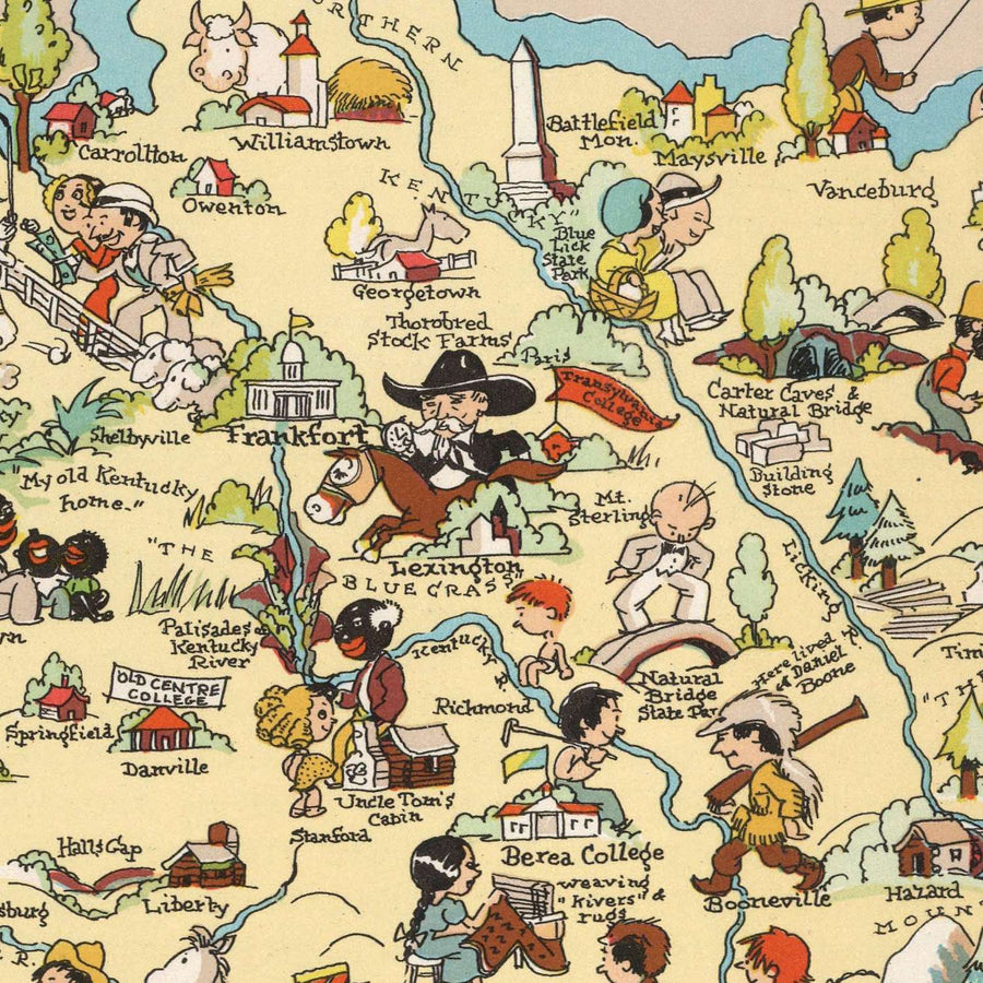 Mappa Pittorica del Kentucky di Ruth Taylor White, 1935: Louisville, Lexington, Corse di Cavalli, Bourbon, Appalachi 