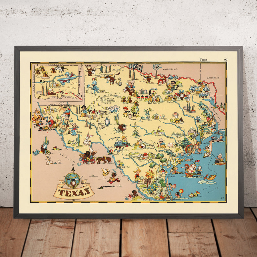 Mappa Pittorica del Texas di Ruth Taylor White, 1935: Houston, Dallas, San Antonio, Campi Petroliferi, Ranch 