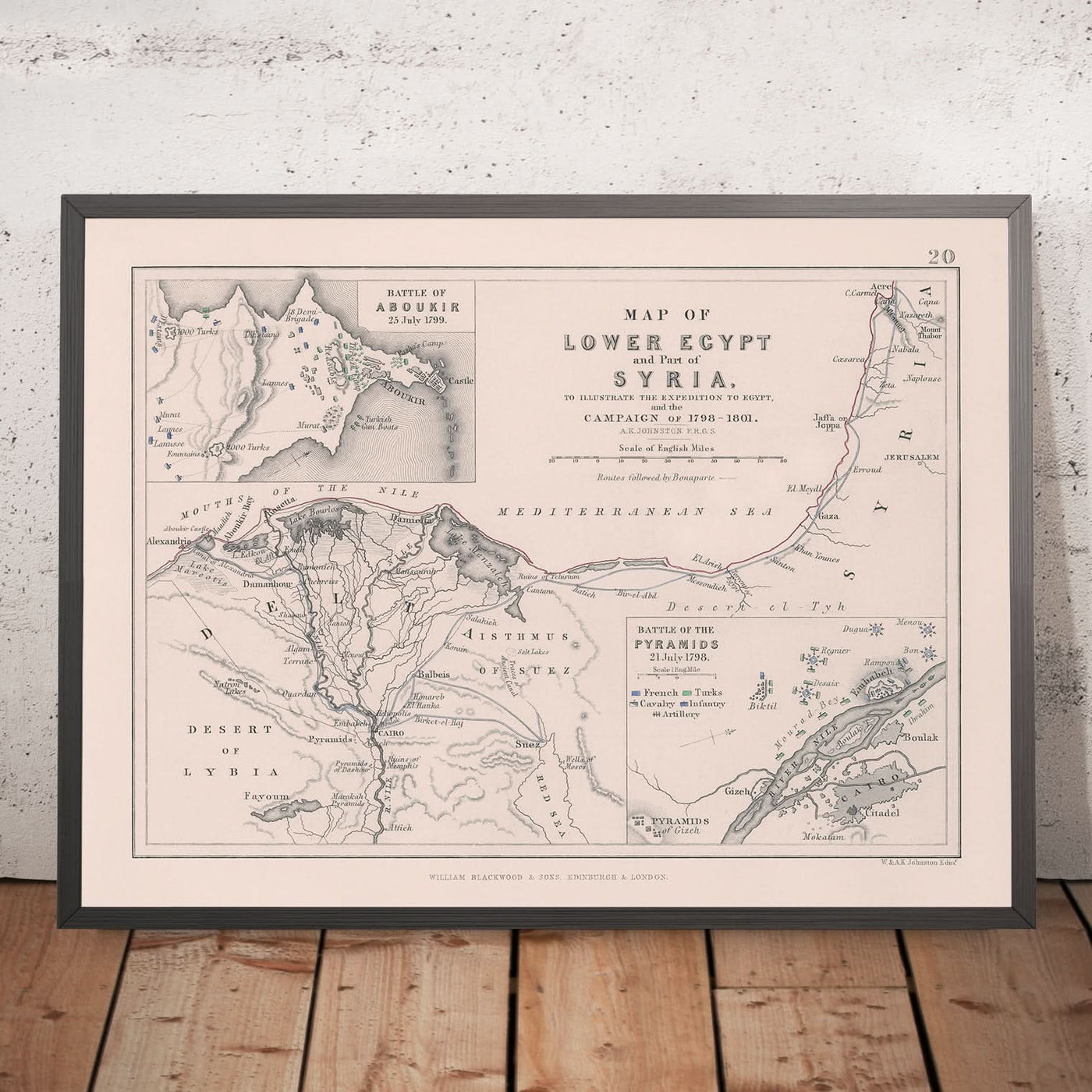 Old Military Map of Napoleon’s Battles in Egypt & Syria, 1801: Aboukir, Pyramids, Cairo, Suez, Nile